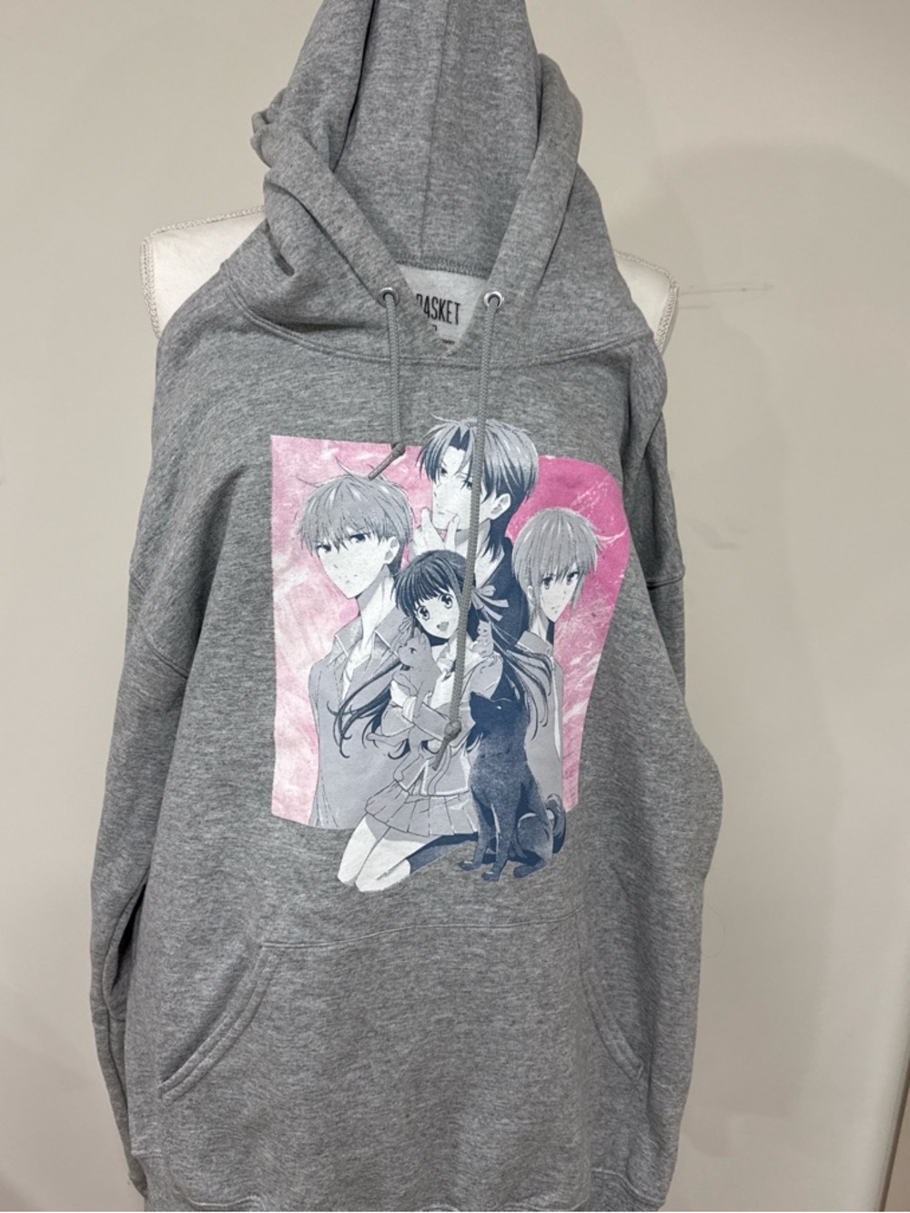 Gray Anime Graphic Pullover Hoodie